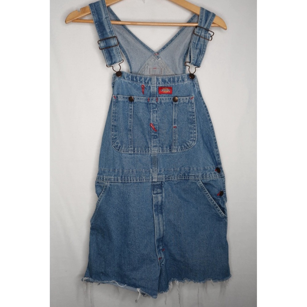 Dickies CAR004 Denim Bib Short Overalls Size 32 Cutoff Raw Hem Y2K Workwear Blue